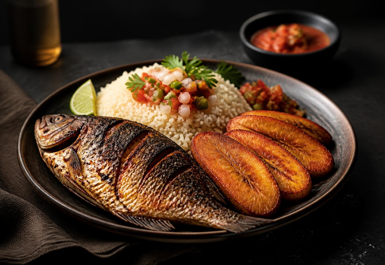 Plat de la cantine LKS : poisson braisé, attiéké et alloco